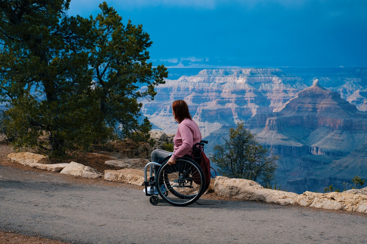 person in wheelchair traveling