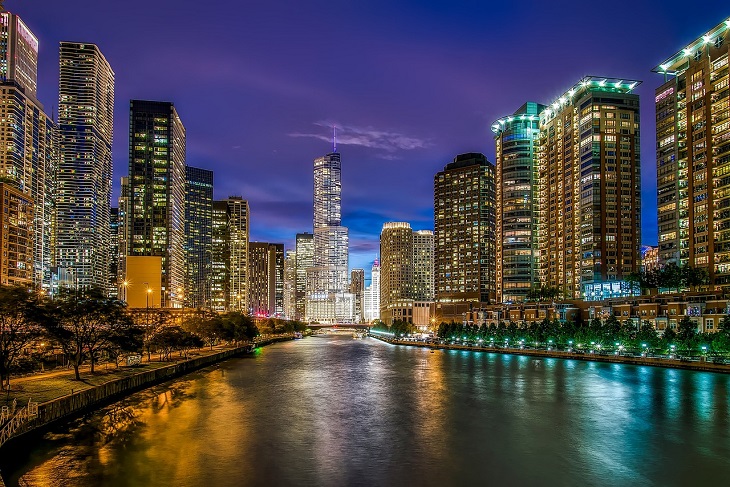 chicago river and city at night